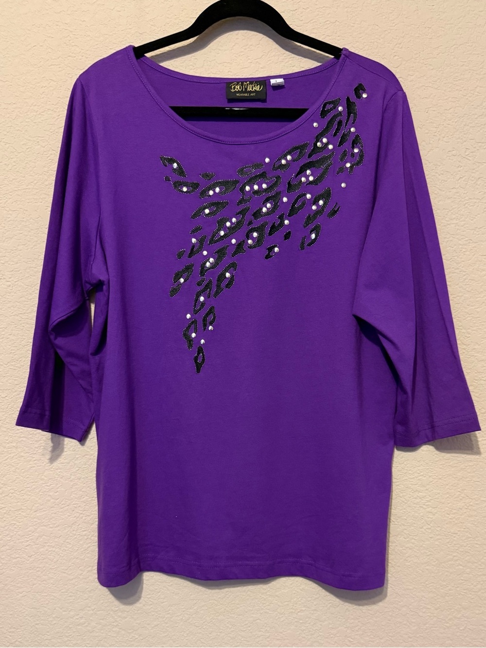 Vintage Bob Mackie Wearable Art Leopard Print Shirt Purple Metallic Sz L Cotton